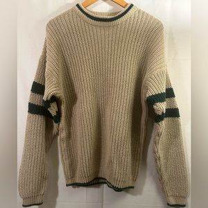 Weekends Vintage Rugby Stripe Crew Neck Knit Tan & Green Sweater Size Large